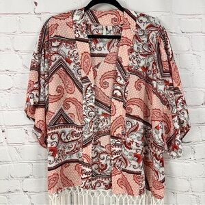 Multicolored Relaxed Boxy Blouse kimono open front cardigan Fringe size large